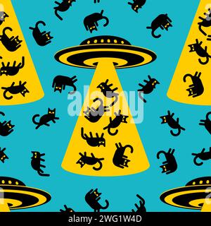 UFO abducting cat pattern seamless. Aliens steals cats background. Stock Vector