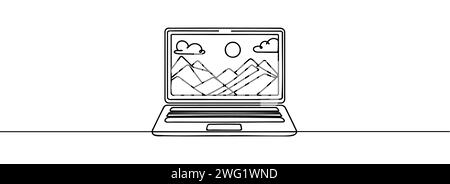 Single line continuous drawing of laptop computer laptop isolated on white background. Vector illustration. Stock Vector