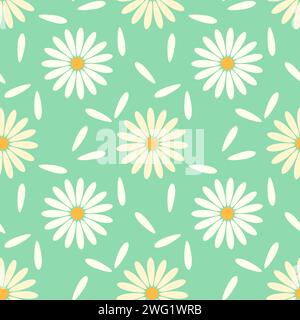 Seamless pattern of white daisies chamomile and white petals on turquoise background. Vector Stock Vector