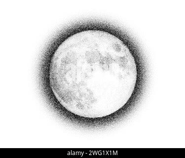 Dotwork Moon night background. Black noise stipple dots satellite. Dotted vector Stock Vector