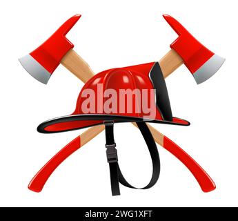 Firefighter helmet or red firefighter hat and two crossed axes isolated on white background. Realistic 3d vector illustration Stock Vector