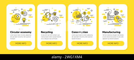 Circular economy, energy consumption, recycling factory line icons. Electricity plug. Mobile phone app 4 steps. Vector Stock Vector