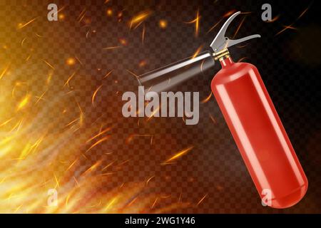 ?arbon dioxide fire extinguisher isolated on burning background. Portable fire extinguishing equipment from fire department. Professional tool or inst Stock Vector