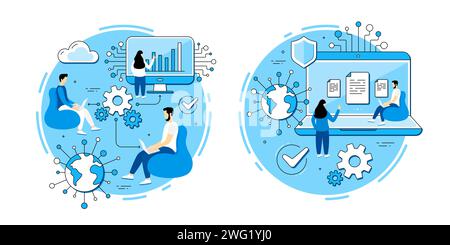 Teamwork employee vector icons set. Online remote work, job partnership, working team collaboration. Metaphor icons. Stock Vector