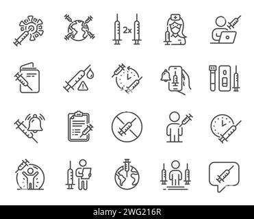 Vaccine line icons. Corona jab, Medical Syringe, Vaccination passport icons. Covid vaccine, human jabbed. Vector Stock Vector