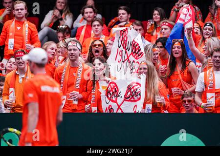 Groningen, Netherlands. 02nd Feb, 2024. GRONINGEN, NETHERLANDS - FEBRUARY 2: fans of The Netherlands during the Davis Cup Qualifiers 2024 match between Netherlands and Switzerland at Martiniplaza on February 2, 2024 in Groningen, Netherlands. (Photo by Andre Weening/Orange Pictures) Credit: Orange Pics BV/Alamy Live News Stock Photo