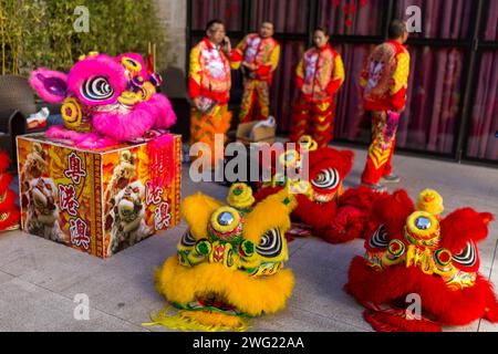 Madrid, Madrid, Spain. 2nd Feb, 2024. Lion Dance Masks and their participants rest, at the China Cultural Center in Madrid, during the presentation of the program of activities that will be carried out in Madrid on the occasion of the celebration of the Chinese New Year 2024. (Credit Image: © Luis Soto/ZUMA Press Wire) EDITORIAL USAGE ONLY! Not for Commercial USAGE! Stock Photo