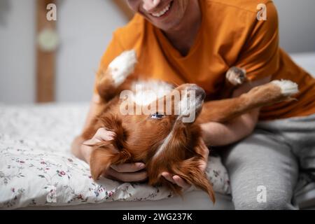 Smiling man with dog. Happy pet owner playing with his Nova Scotia Duck Tolling Retriever at home. Stock Photo