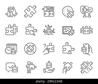 Puzzle line icons. Jigsaw Challenge, Business Strategy, Puzzle Pieces icons. Solution, Decide or Solve problem. Vector Stock Vector