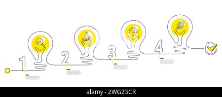 Timeline with lamp light bulbs and icons. 6 steps idea journey path ...