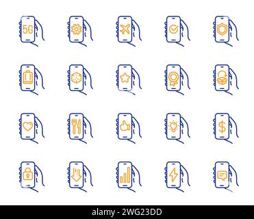 Hand Holding Phone line icons. Smartphone Screen, Airplane Mode, 5g Network. Vector Stock Vector