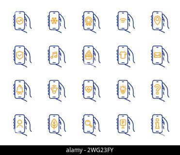 Hand Holding Phone line icons. Music sound, Sms or Mail Message, Wifi internet. Vector Stock Vector