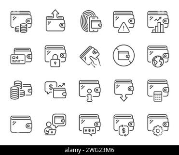 Wallet line icons. Money transfer, Credit card payment, Withdraw funds icons. Cash purse, Fingerprint access. Vector Stock Vector