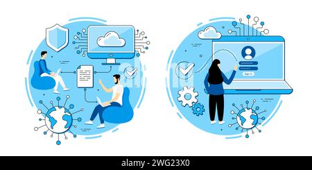 Document sharing, login page vector icons set. Social network access, data transfer, online teamwork. Metaphor icons. Stock Vector