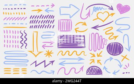 Multicolored highlight brush strokes and underlines. isolated elements. Stock Vector