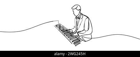 one continuous line drawing of a pianist playing a classic grand piano ...