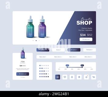 Cosmetic user interface, experience. Aesthetic shopping app UI design in blue and purple tones, 3d illustration Stock Vector