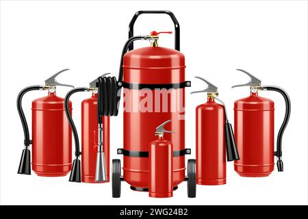 Set of realistic red extinguishers isolated on white background: different types of handle extinguishers, water, carbon dioxide, foam, powder and wet Stock Vector