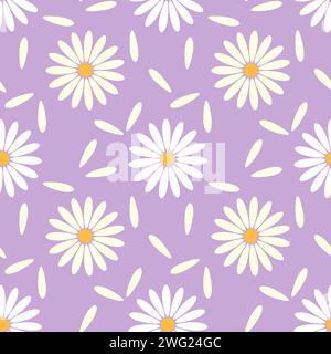 This featuring repeating pattern of white camomile daisies with yellow centers on soft purple backdrop, textile. Stock Vector