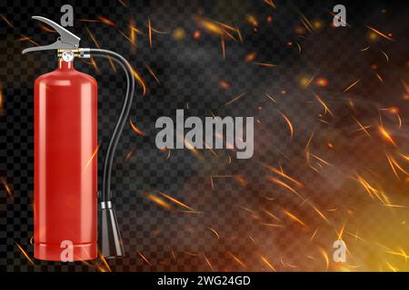 Realistic red extinguisher isolated on burning background. Portable fire extinguishing equipment from fire department. Professional tool or instrument Stock Vector