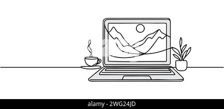 Single line continuous drawing of laptop computer laptop isolated on white background. Vector illustration. Stock Vector
