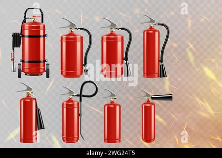 Set of realistic red extinguishers isolated on the background of fiery sparks: different types of handle extinguishers, water, carbon dioxide, foam, p Stock Vector