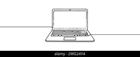 Laptop computer continuous one line drawing with isolate simple outline ...