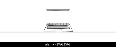 Single line continuous drawing of laptop computer laptop isolated on white background. Vector illustration. Stock Vector