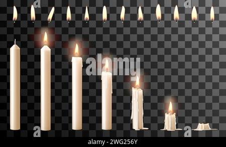 Set of realistic white burning candles and fire flames with wick different shapes isolated on transparent background. Realistic burning candles for an Stock Vector