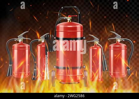 Set of realistic red extinguishers isolated on burning background: different types of handle extinguishers, water, carbon dioxide, foam, powder and we Stock Vector