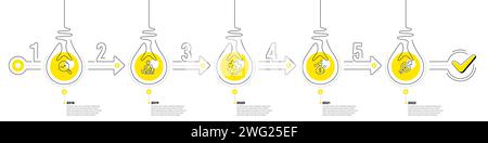 Infographic timeline with lamp light bulbs and icons. 5 steps idea journey path of business project process. Vector Stock Vector