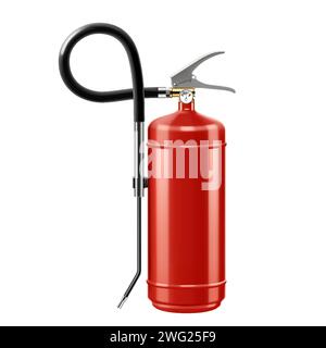 Wet Chemical Fire Extinguisher. Alarm signs, wet chemical co2. Red cylinder with spray hose. Portable fire extinguishing equipment. Realistic 3d vecto Stock Vector