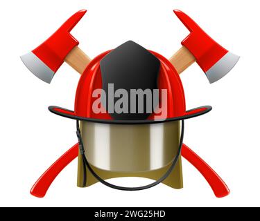 Firefighter helmet or red firefighter hat and two crossed axes isolated on white background. Realistic 3d vector illustration Stock Vector