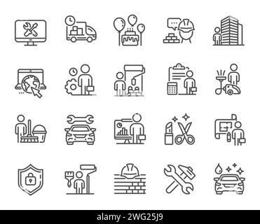 Professional services line icons. Car repair, Home cleaning, Engineering service icons. Vector Stock Vector