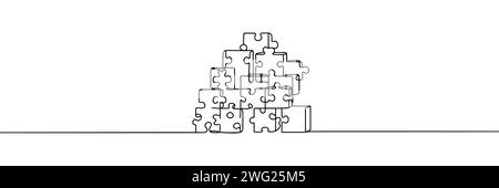 Continuous one line drawing of puzzle pieces on a white background Stock Vector