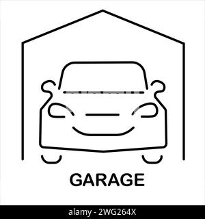Car Garage and Parking - Editable Stroke Outline Icon Isolated on White Background, Flat Stock Vector