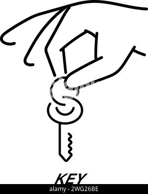 Hand holding key editable stroke outline icon isolated on white background flat vector illustration.  Stock Vector