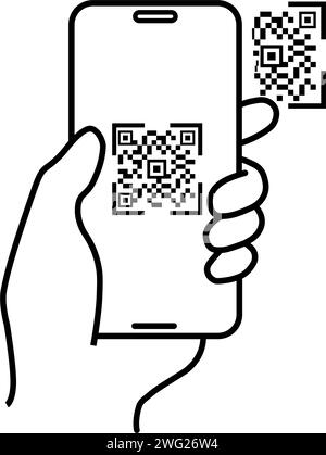 scan qr code icon, payment hand with phone, scanner app, thin line symbol on white background - editable stroke  Stock Vector