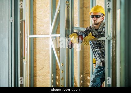 Metal Skeleton Frame Builder Portrait. Construction Industry. Stock Photo
