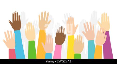 Raised hands volunteering background. Colorful hand up wave banner. People rights election. Vector Stock Vector