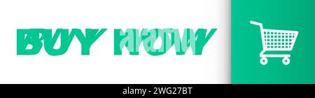 Green vector button buy now with text and trolley in the middle isolated on white background. Stock Vector