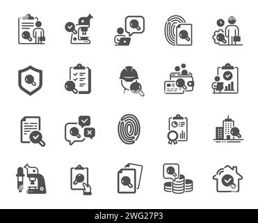 Inspection icons. Quality research, Testing and Safety check icons. Microscope analysis, quality control. Vector Stock Vector