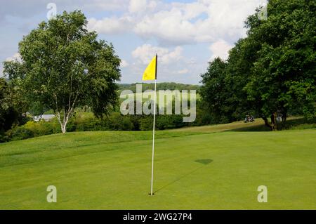 View over 10th Green with Countryside in background, Flackwell Heath Golf Club, High Wycombe; Buckinghamshire, England, Stock Photo