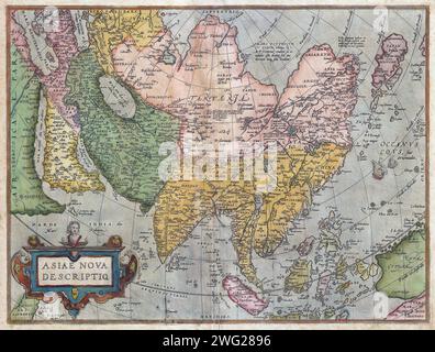 1572 map of Asia. by Abraham Ortelius. Europe, Africa , all of Asia, the East Indies, Japan, parts of New Guinea and Australia.  The Caspian Sea, is presented on an east-west rather than north-south axis. Arabia is projected in a distended form. Further east in western China, Cayamay lacus is depicted.  Japan appears in a distorted top heavy projection  Luzon is absent from the Philippine Islands. Stock Photo
