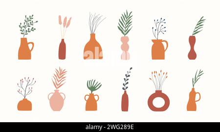 Set of clay vases with green and dry plants. Branches and twigs in earthen jug. Minimalistic foliage decoration for cozy home interior in Scandinavian Stock Vector