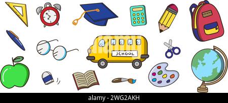 School elements set. Vector flat illustration in hand drawn style. Back to school  Stock Vector