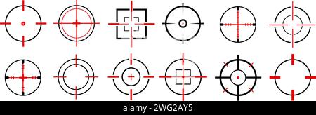 Target icons set. Gun target, focus, crosshair, reticle, viewfinder. Target destination flat and line style  Stock Vector