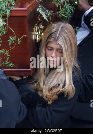 London, UK. 02nd Feb, 2024. Kate GarrawayÕs daughter Darcey, 17, carries the coffin of her father Derek Draper as it leaves The Church of St Mary the Virgin, Primrose Hill in North London following his funeral. Derek Draper, a former political lobbyist and husband of television presenter Kate Garraway, died following a long illness caused by COVI-19 infection. Photo credit: Ben Cawthra/Sipa USA Credit: Sipa USA/Alamy Live News Stock Photo