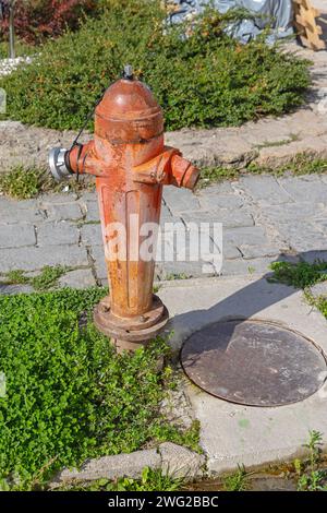 Cast Iron Retro Style Fire Hydrant Water in Old Town Ohrid Stock Photo