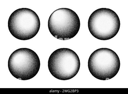 Dotwork 3D Spheres background. Black noise stipple dots. Dotted vector set Stock Vector